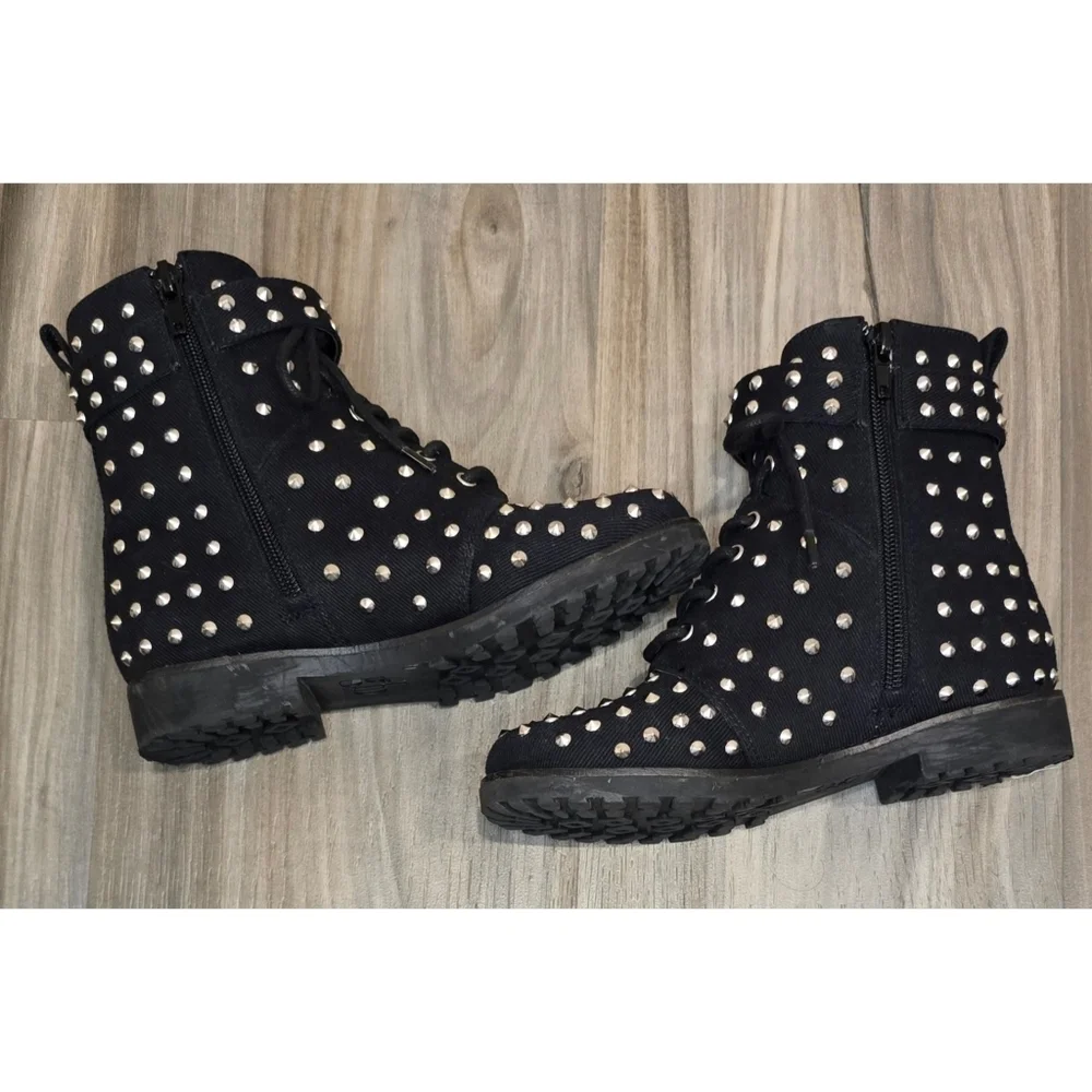GB GIRLS Black Studded Lace-Up Combat Boots, Size 1